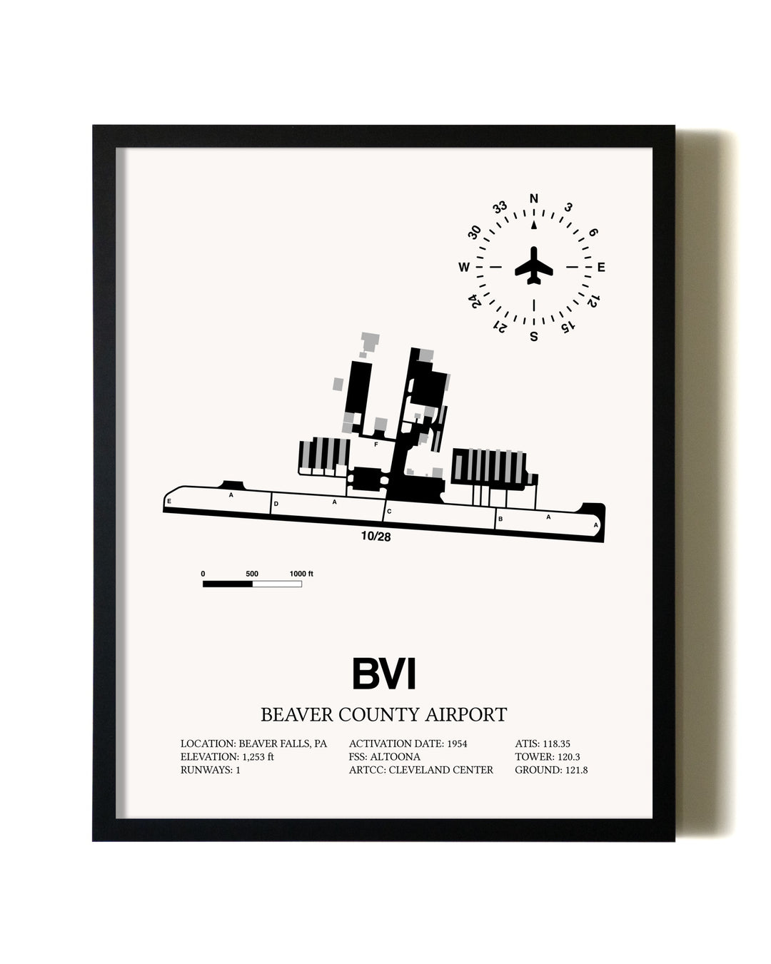 Framed Beaver County Airport wall art poster in black frame