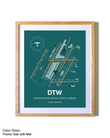 Detroit Metro Wayne County Airport airport map poster in oak frame with mat
