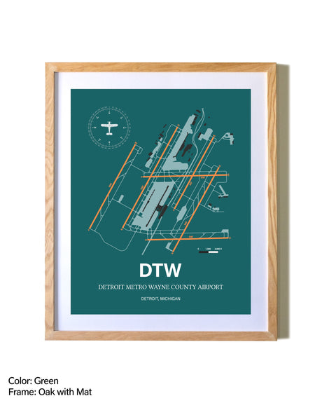 Detroit Metro Wayne County Airport airport map poster in oak frame with mat