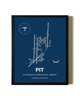 Aviation Blue Framed Pittsburgh International Airport layout wall art poster