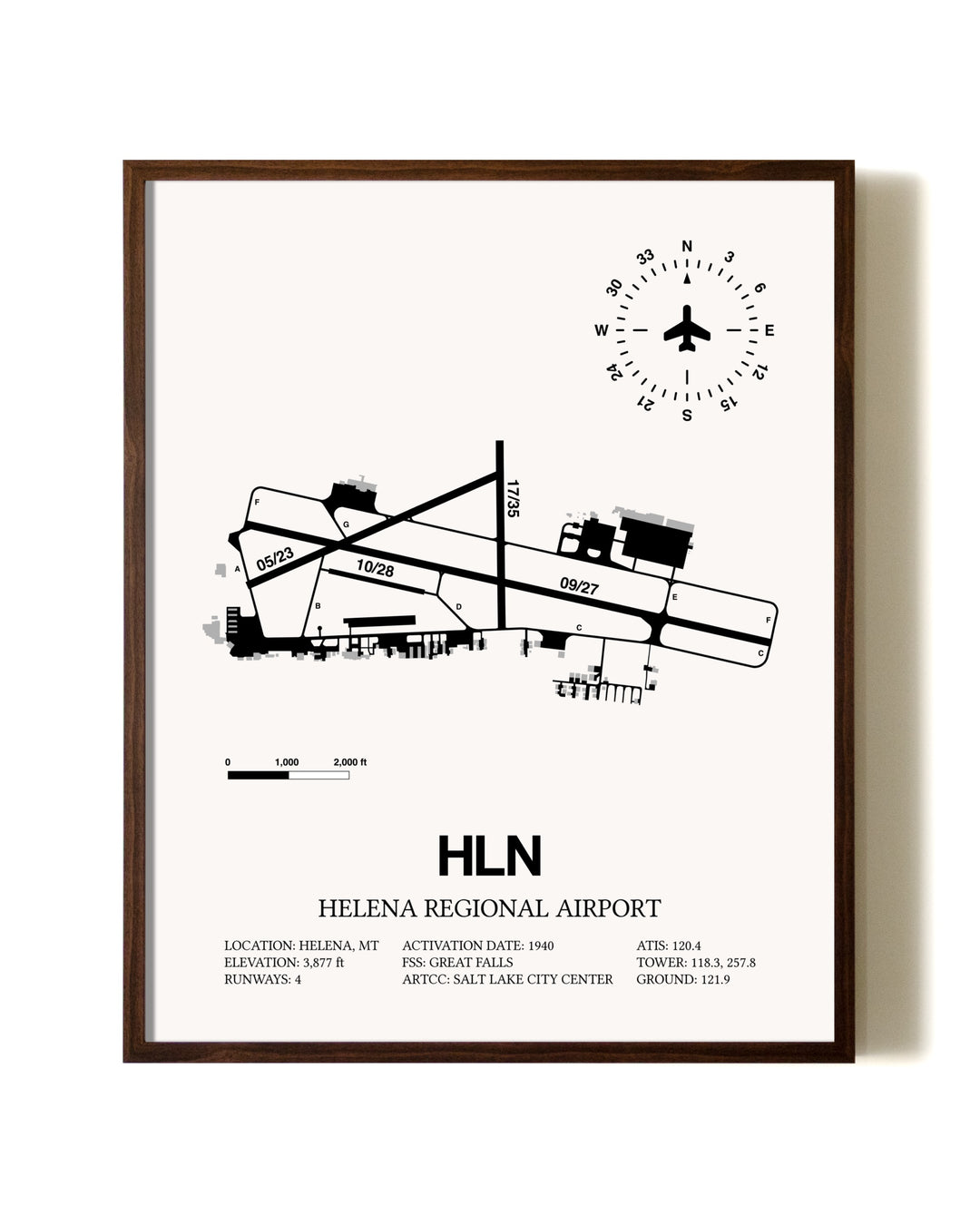 Helena Regional Airport aviation print in walnut frame