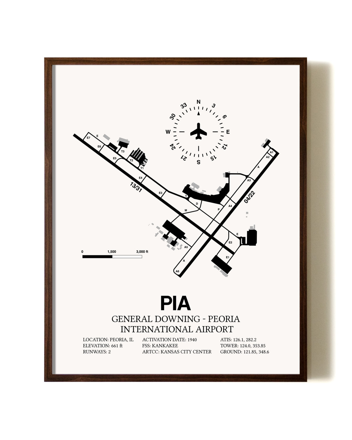 General Downing-Peoria International Airport aviation print in walnut frame