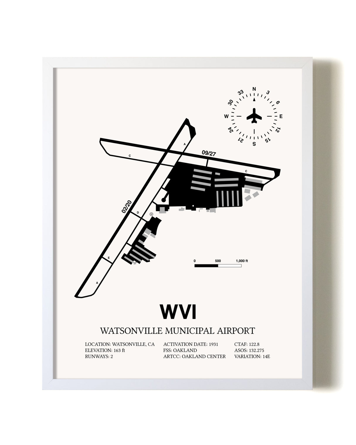 Watsonville Municipal Airport airport map poster in oak frame