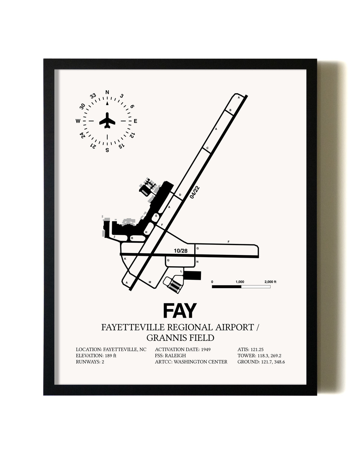 Framed Fayetteville Regional Airport / Grannis Field wall art poster in black frame