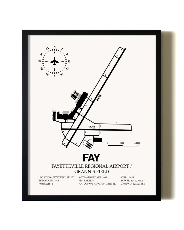 Framed Fayetteville Regional Airport / Grannis Field wall art poster in black frame