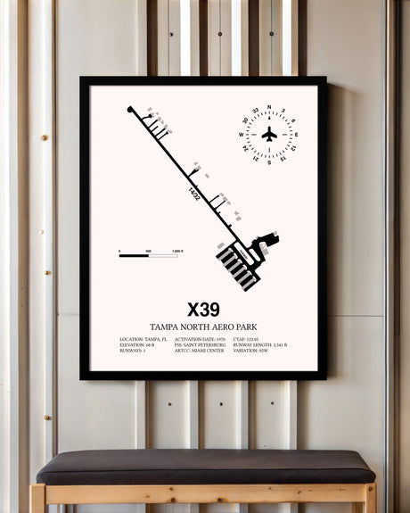 Tampa North Aero Park framed poster displayed in an airplane hangar
