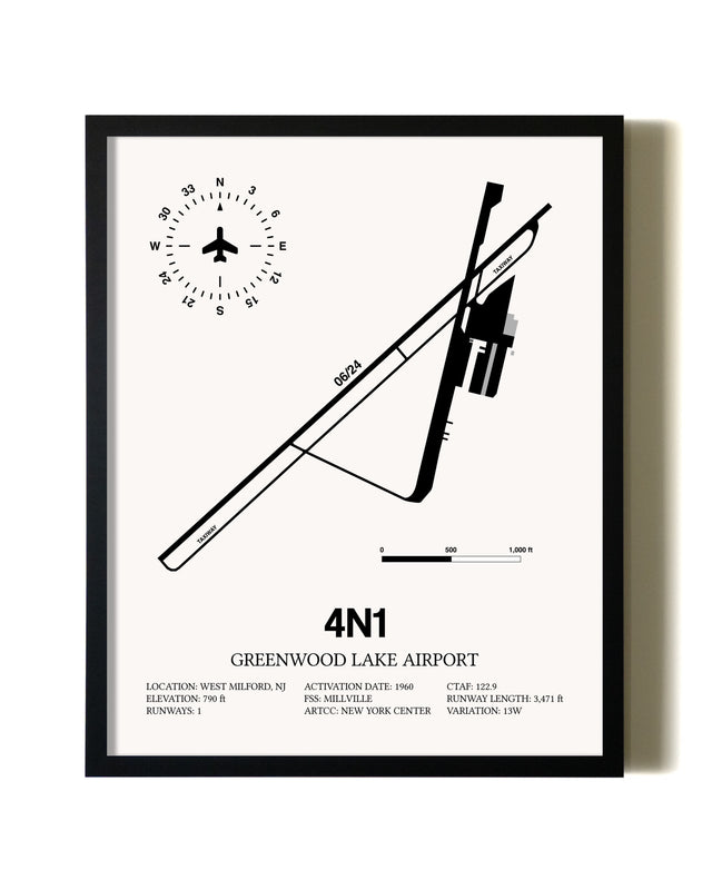 Framed Greenwood Lake Airport wall art poster in black frame