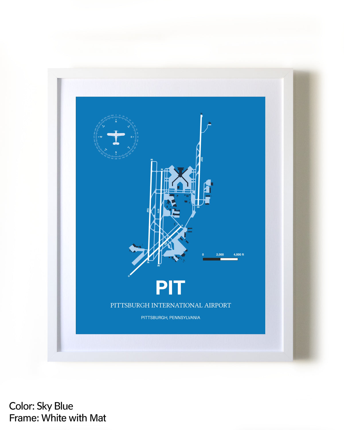 Pittsburgh International Airport framed wall art in white frame with mat