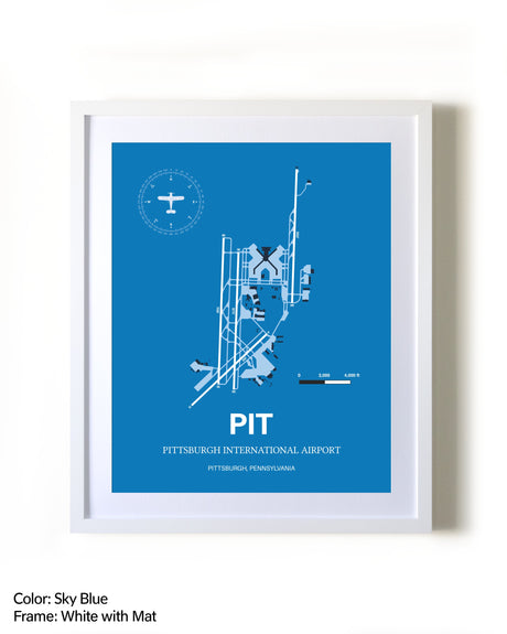 Pittsburgh International Airport framed wall art in white frame with mat