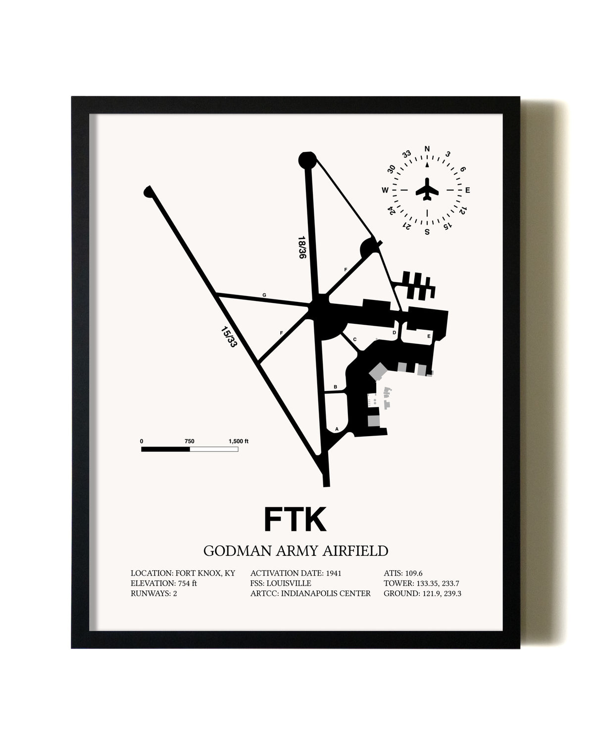 Framed Godman Army Airfield wall art poster in black frame