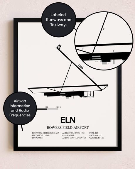 Framed Bowers Field Airport layout wall art poster