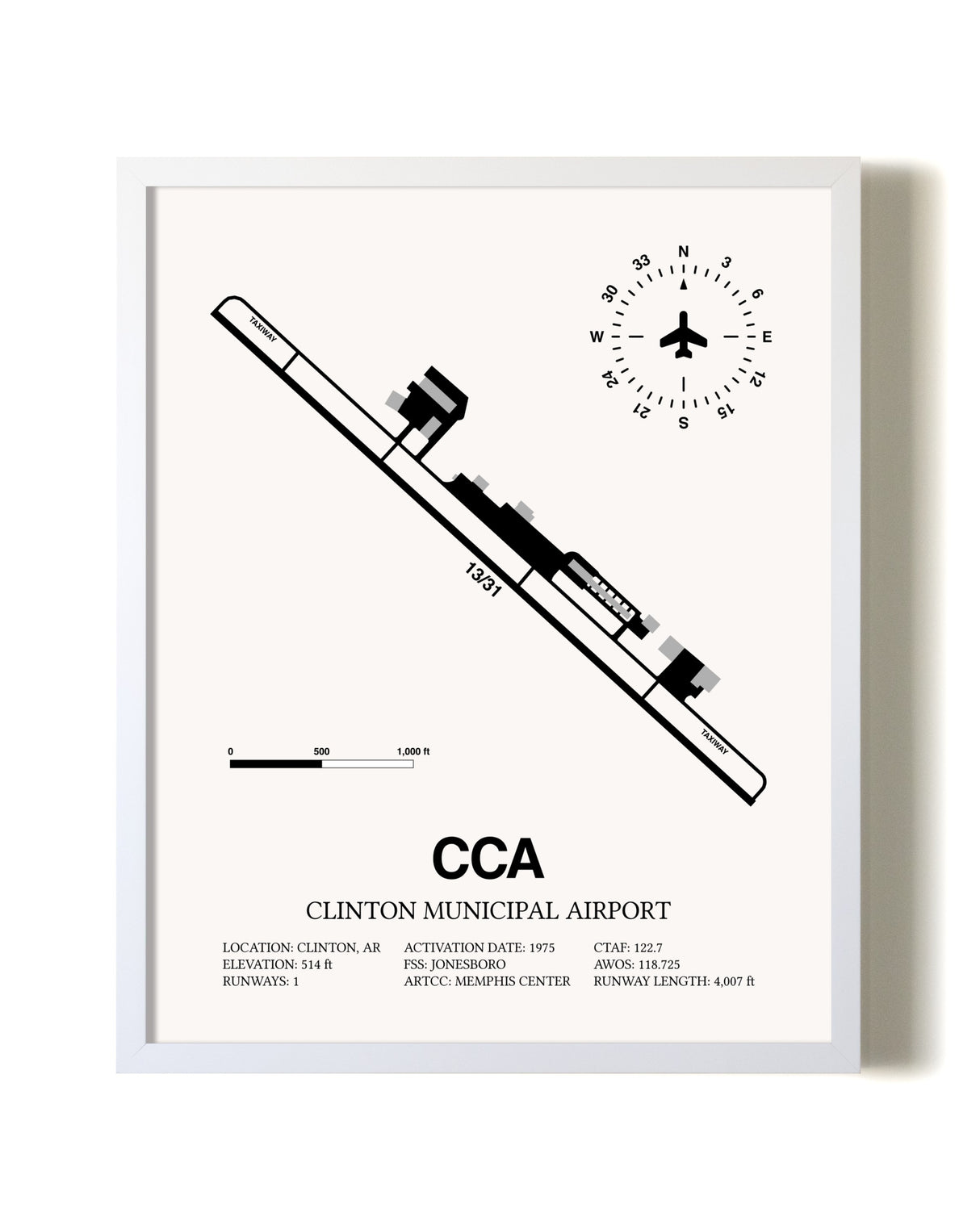 Clinton Municipal Airport airport map poster in oak frame