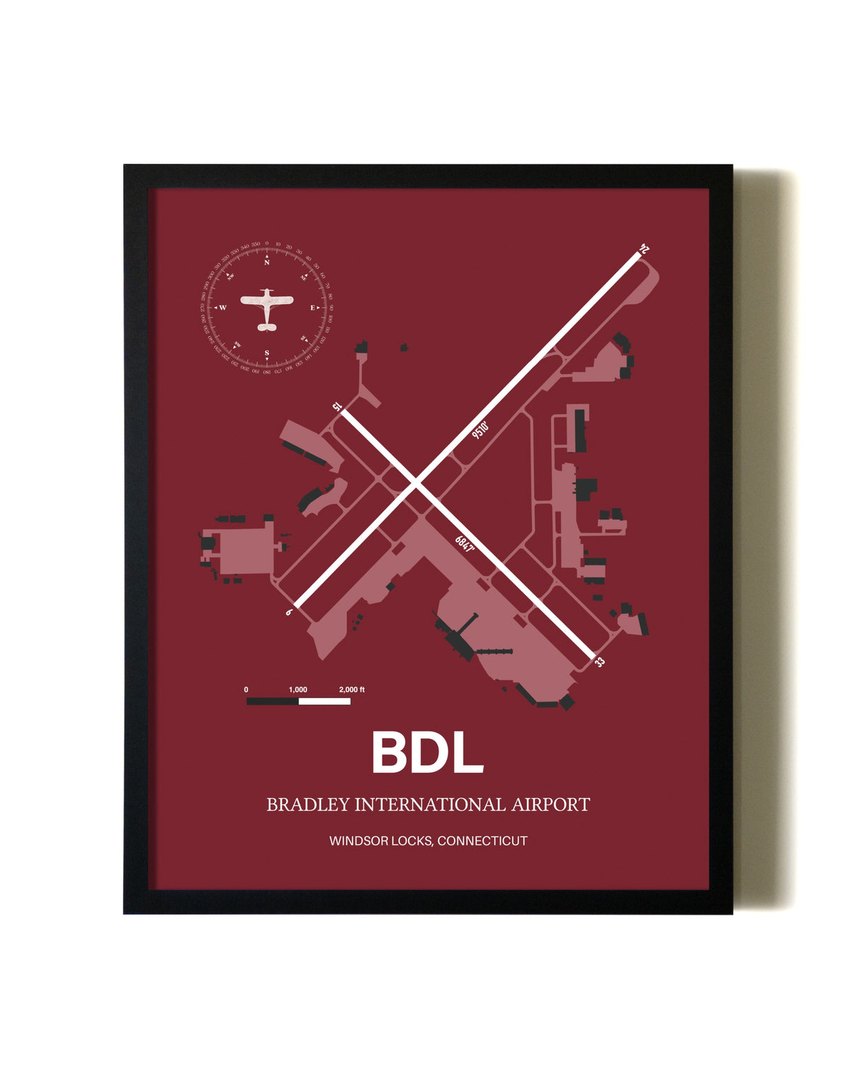 Red Framed Bradley International Airport wall art poster in black frame