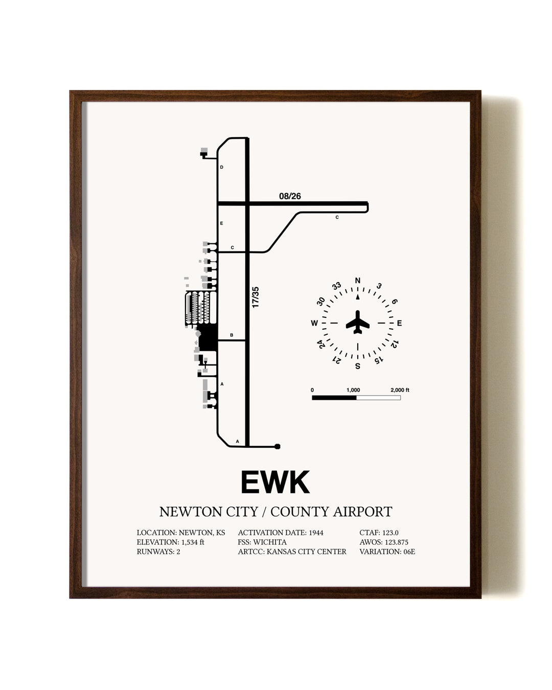Newton City / County Airport aviation print in walnut frame