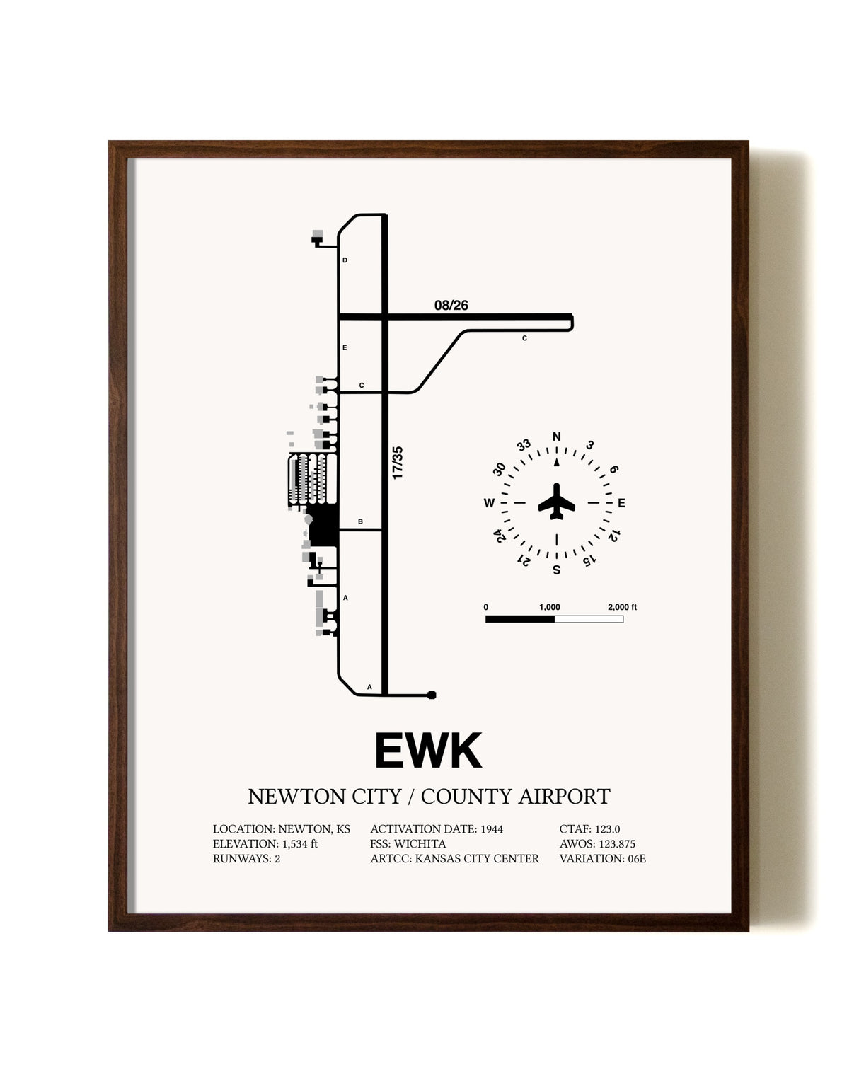 Newton City / County Airport aviation print in walnut frame