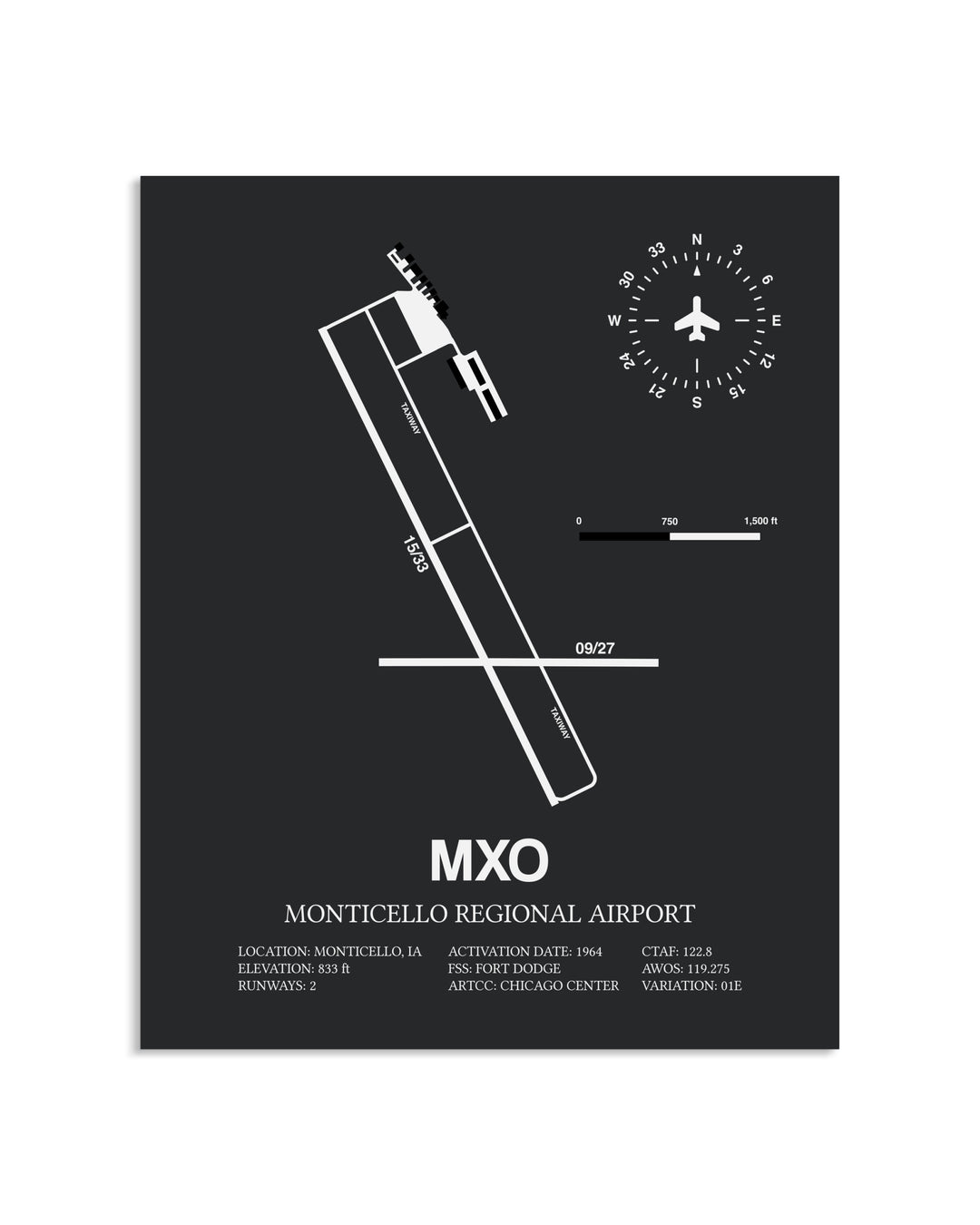 Gray Framed Monticello Regional Airport layout wall art poster