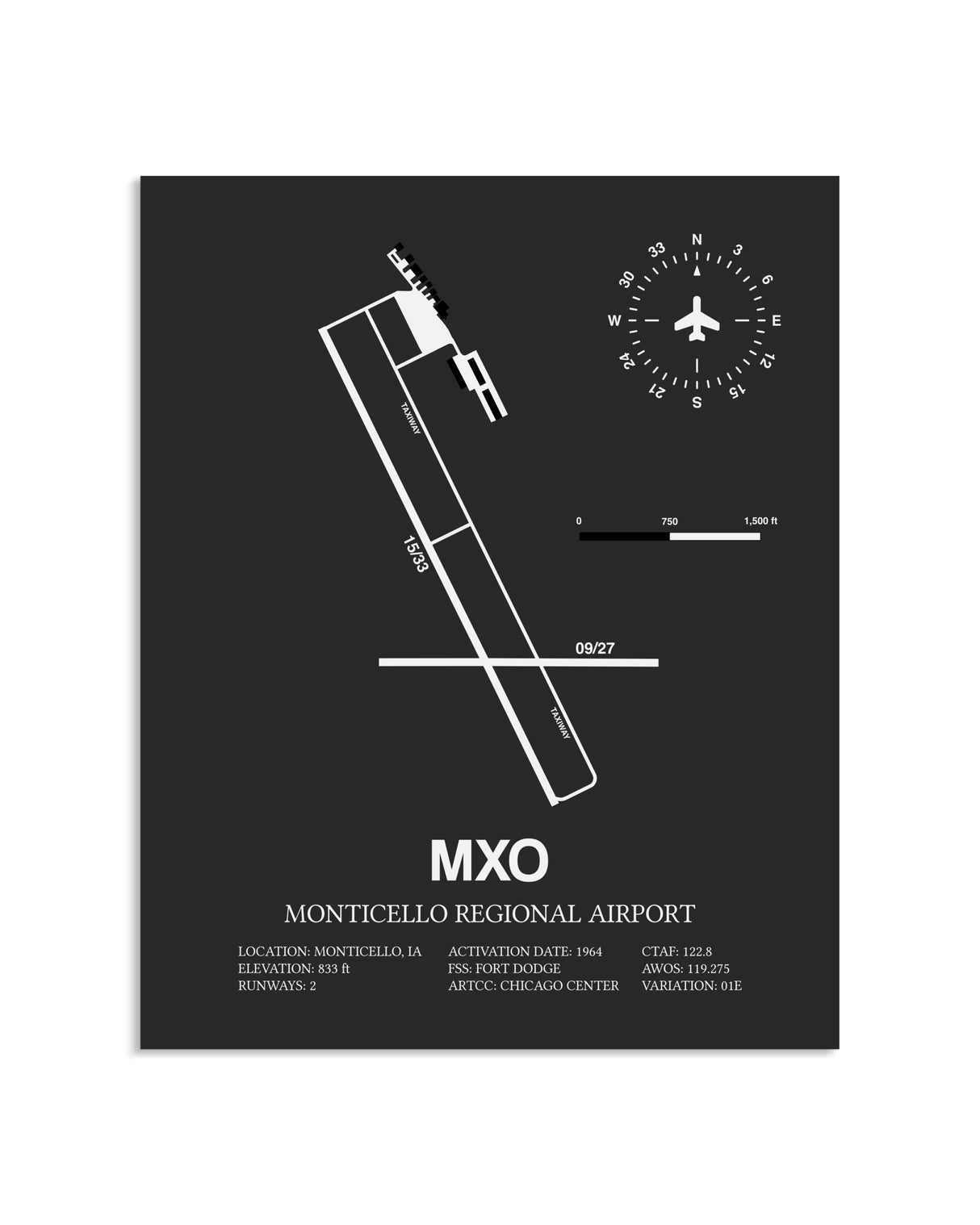 Gray Framed Monticello Regional Airport layout wall art poster