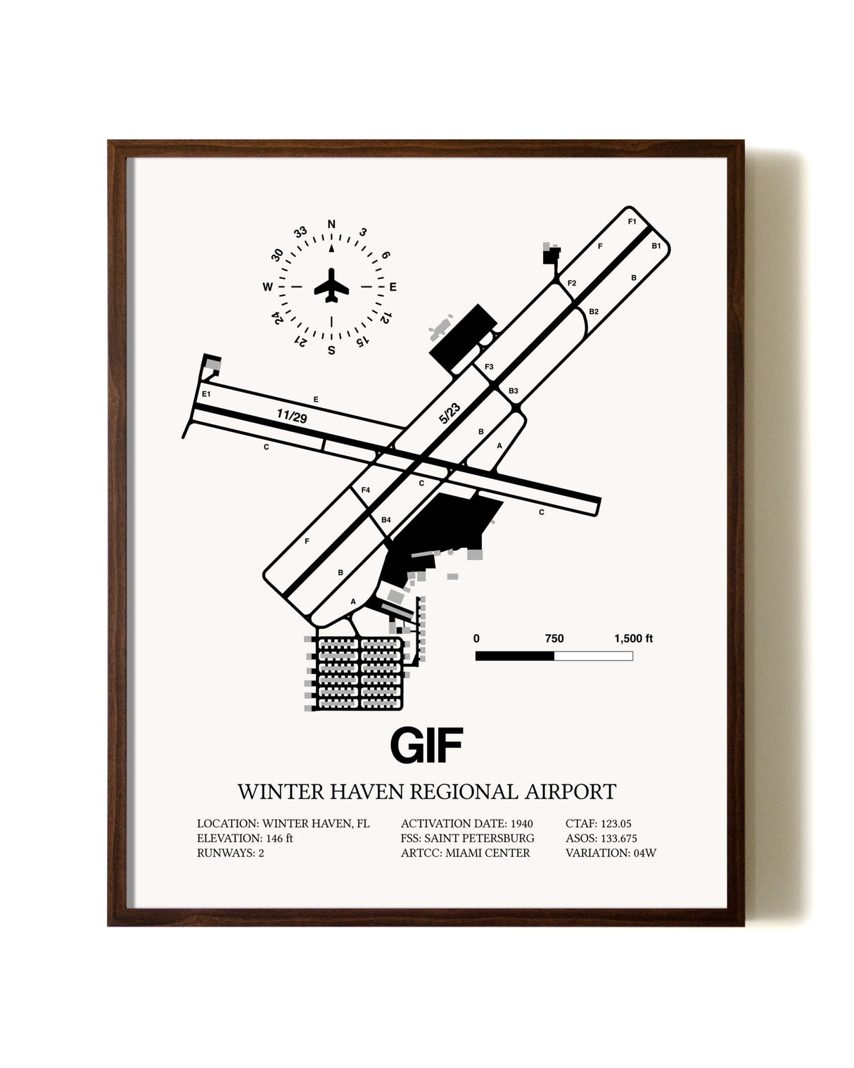 Winter Haven Regional Airport aviation print in walnut frame
