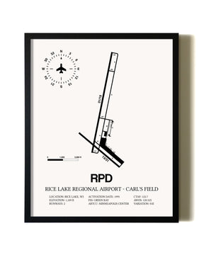 Framed Rice Lake Regional Airport-Carl's Field wall art poster in black frame
