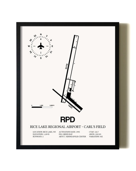 Framed Rice Lake Regional Airport-Carl's Field wall art poster in black frame