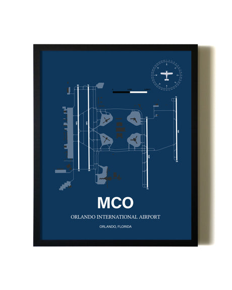 Aviation Blue Framed Orlando International Airport layout wall art poster