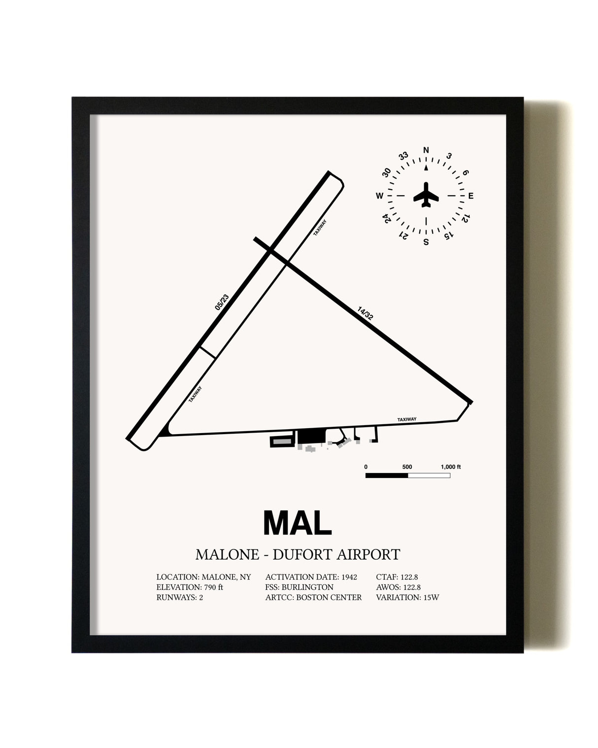 Framed Malone-Dufort Airport wall art poster in black frame