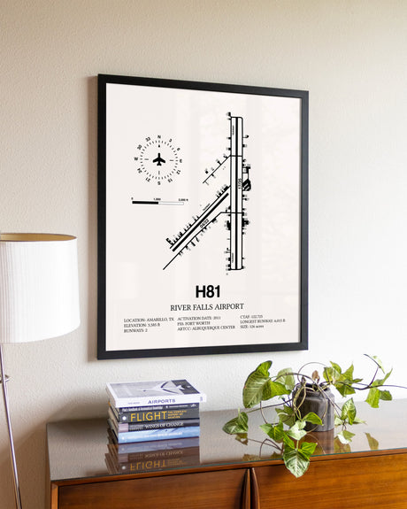 River Falls Airport aviation wall décor in black wood frame