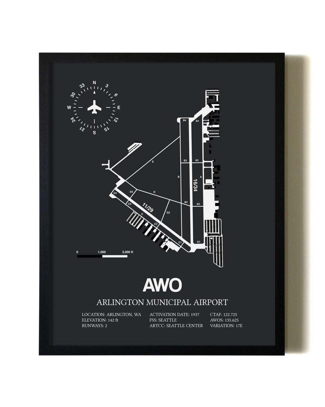 Unframed Arlington Municipal Airport map print poster