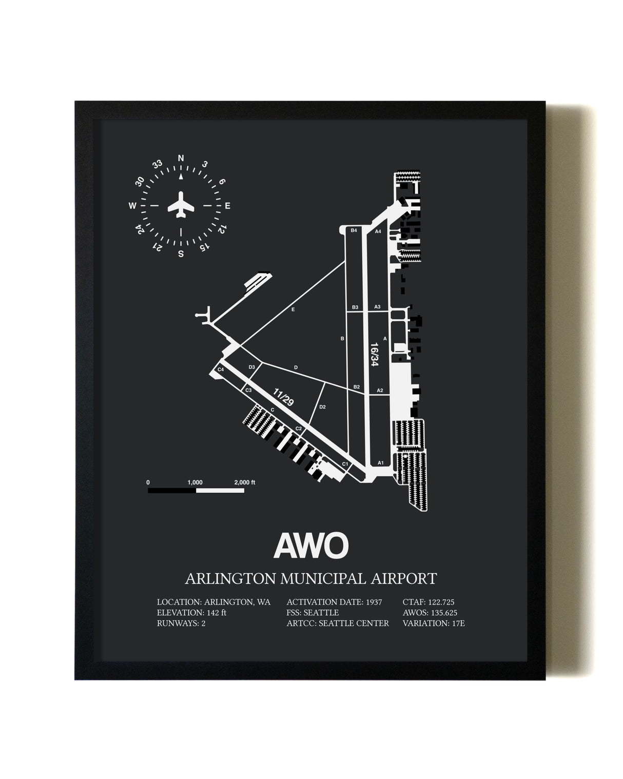 Unframed Arlington Municipal Airport map print poster