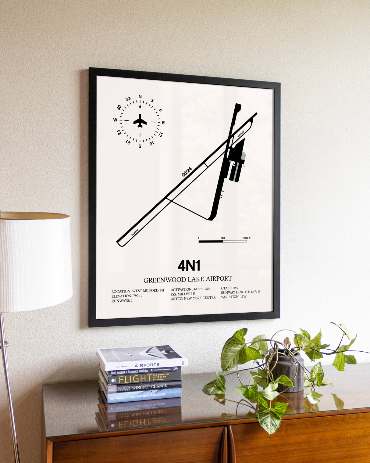 Greenwood Lake Airport aviation wall décor in black wood frame