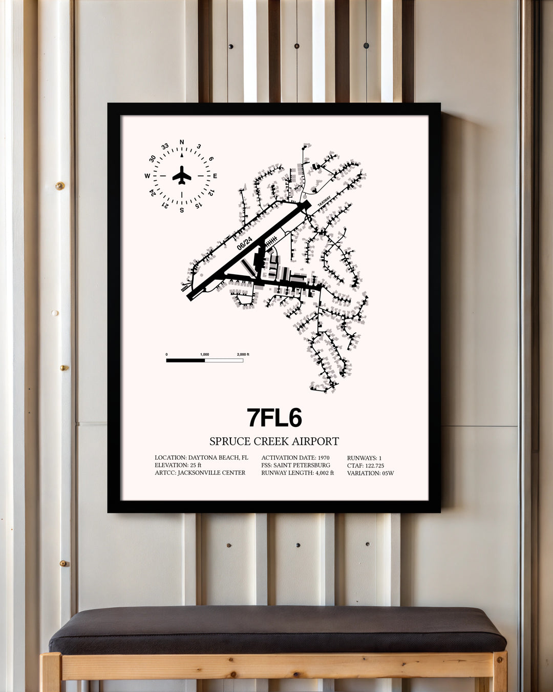 Spruce Creek Airport framed poster displayed in an airplane hangar