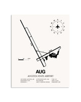 Gray Augusta State Airport framed poster displayed in an airplane hangar