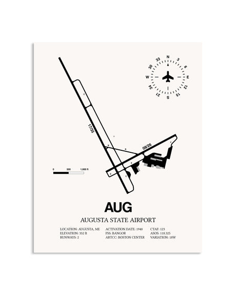 Gray Augusta State Airport framed poster displayed in an airplane hangar
