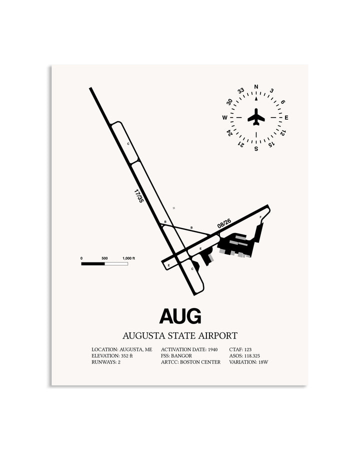 Gray Augusta State Airport framed poster displayed in an airplane hangar