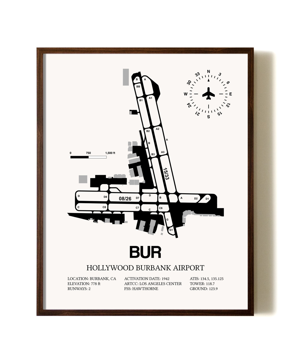 Hollywood Burbank Airport aviation print in walnut frame