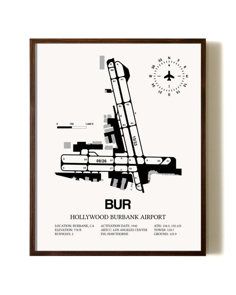 Hollywood Burbank Airport aviation print in walnut frame