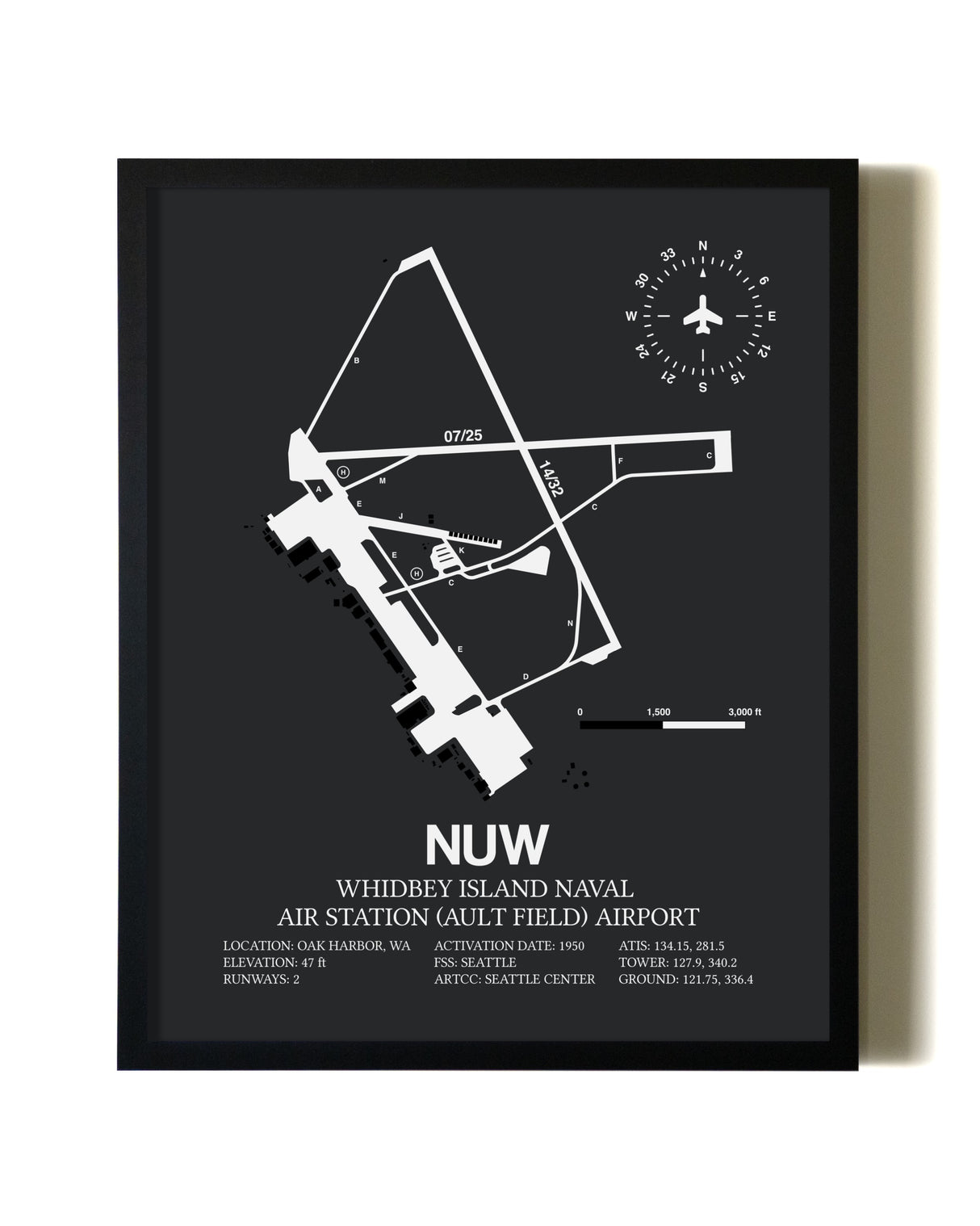 Unframed Whidbey Island Naval Air Station (Ault Field) Airport map print poster