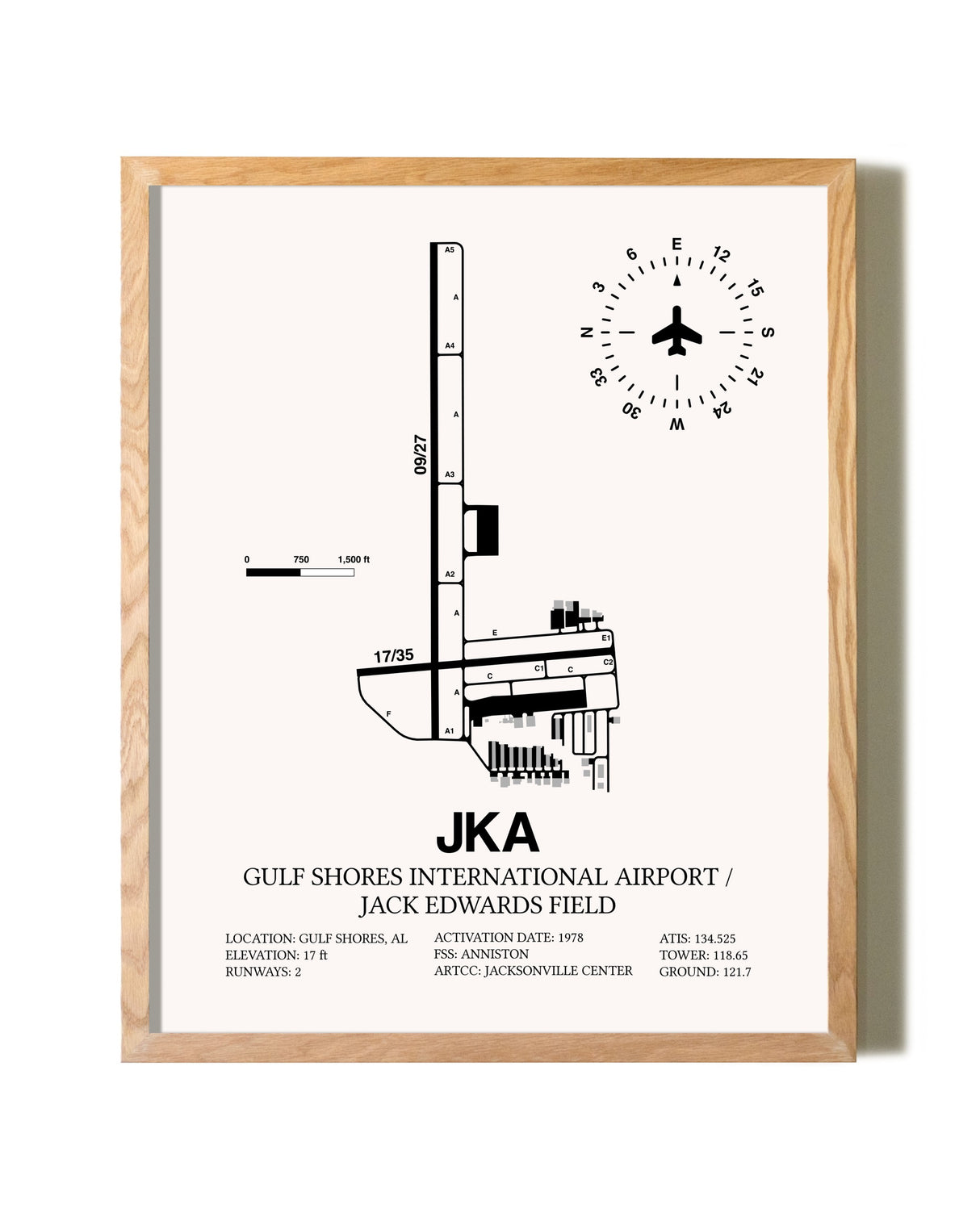 Gulf Shores International Airport / Jack Edwards Field framed print in natural wood frame