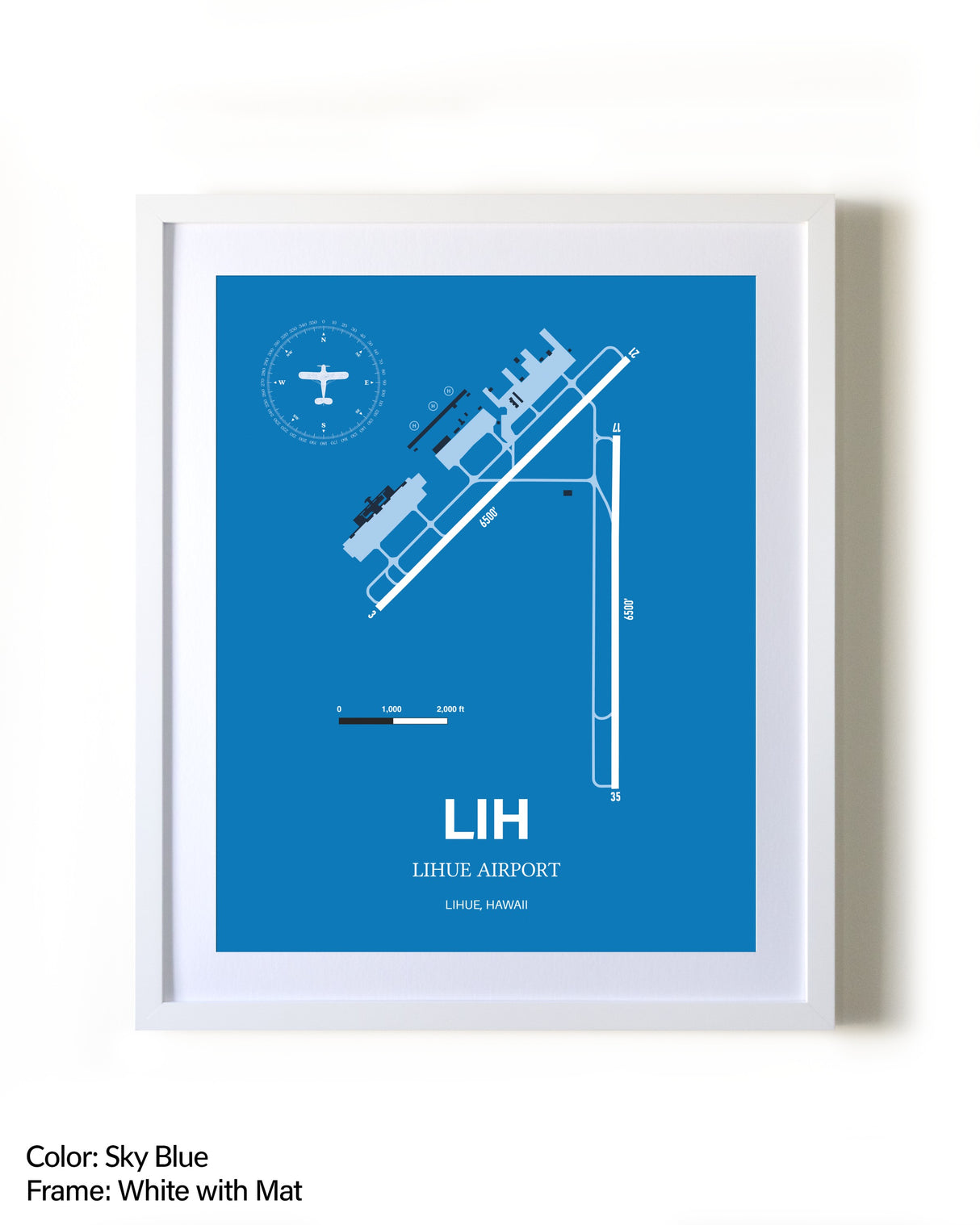 Lihue Airport framed wall art in white frame with mat