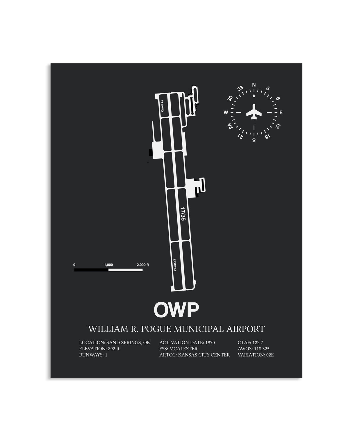 Gray Framed William R. Pogue Municipal Airport layout wall art poster