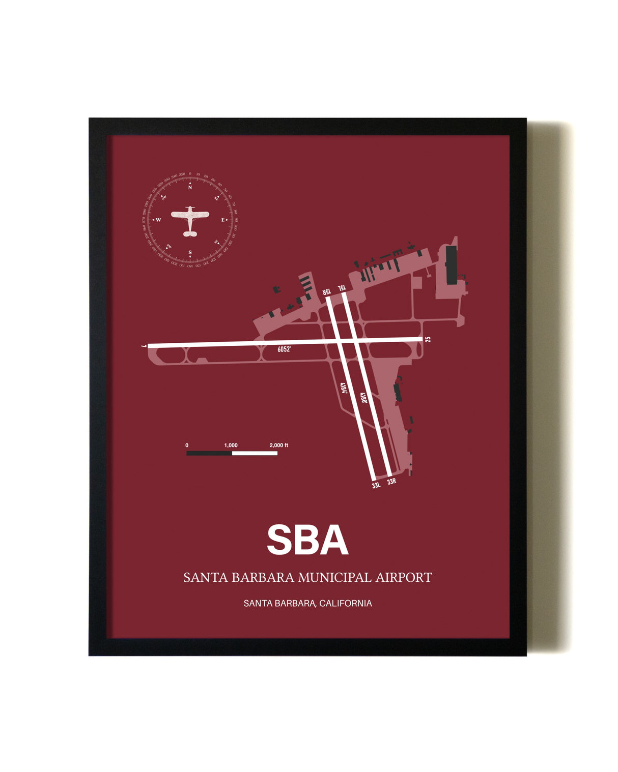 Red Framed Santa Barbara Municipal Airport wall art poster in black frame