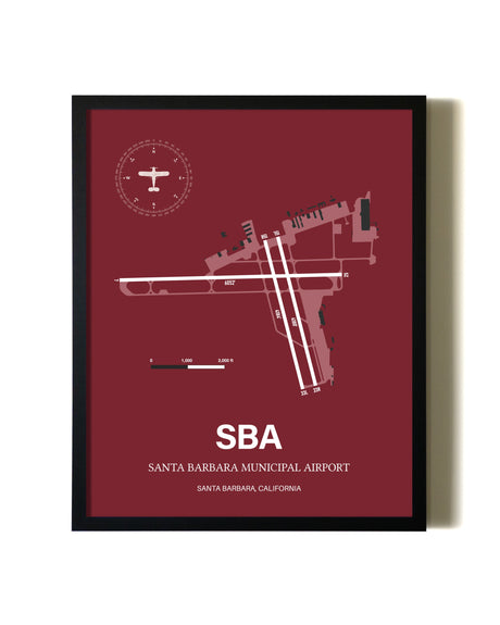 Red Framed Santa Barbara Municipal Airport wall art poster in black frame