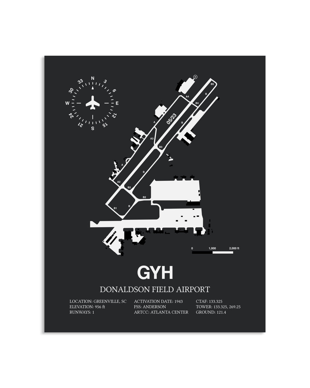 Gray Framed Donaldson Field Airport layout wall art poster