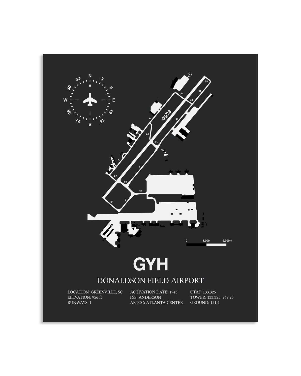 Gray Framed Donaldson Field Airport layout wall art poster