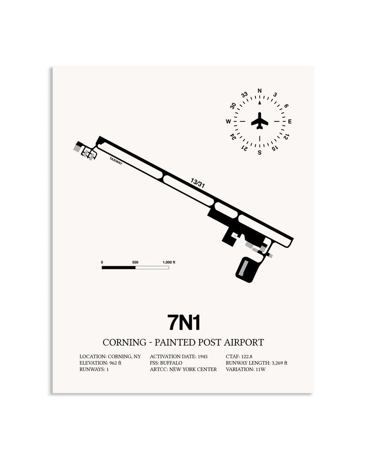 Gray Corning - Painted Post Airport framed poster displayed in an airplane hangar