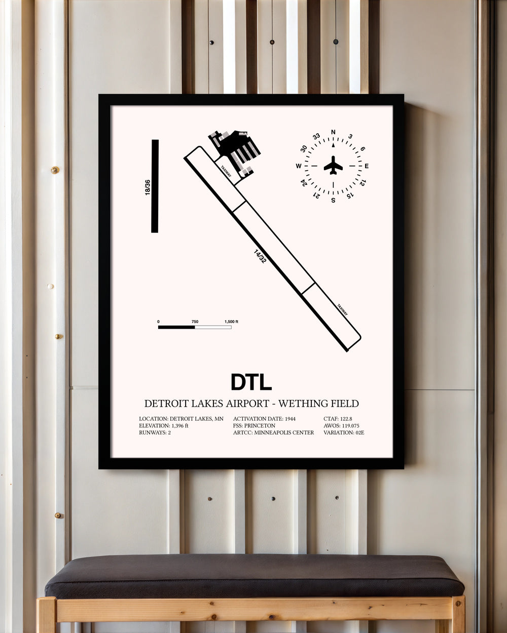 Detroit Lakes Airport-Wething Field framed poster displayed in an airplane hangar