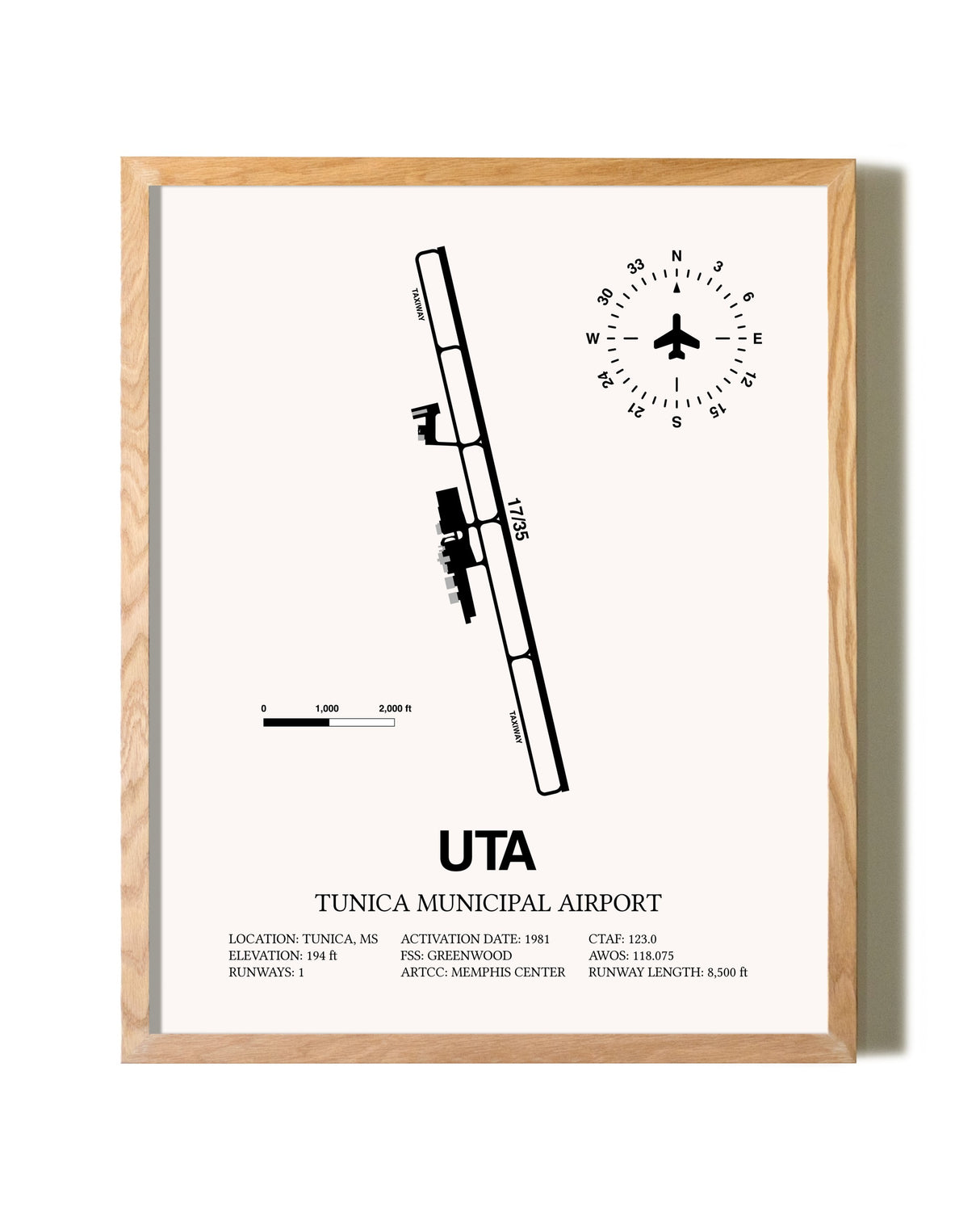 Tunica Municipal Airport framed print in natural wood frame