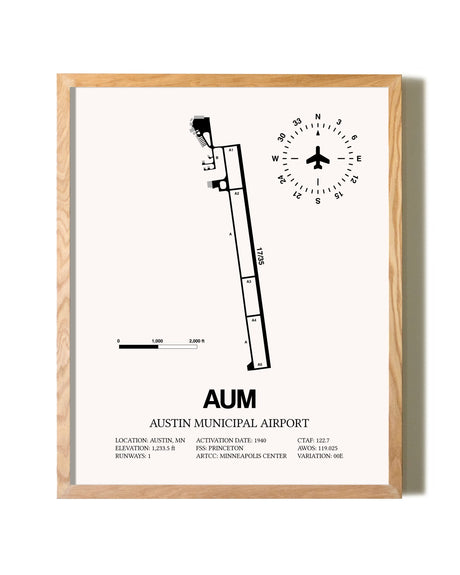 Austin Municipal Airport framed print in natural wood frame