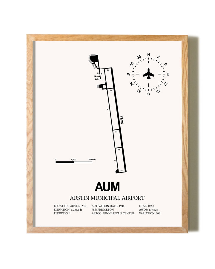 Austin Municipal Airport framed print in natural wood frame