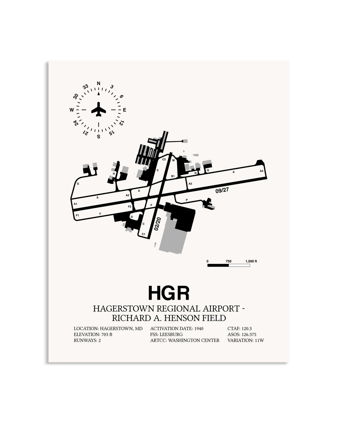 Gray Hagerstown Regional Airport-Richard A. Henson Field framed poster displayed in an airplane hangar